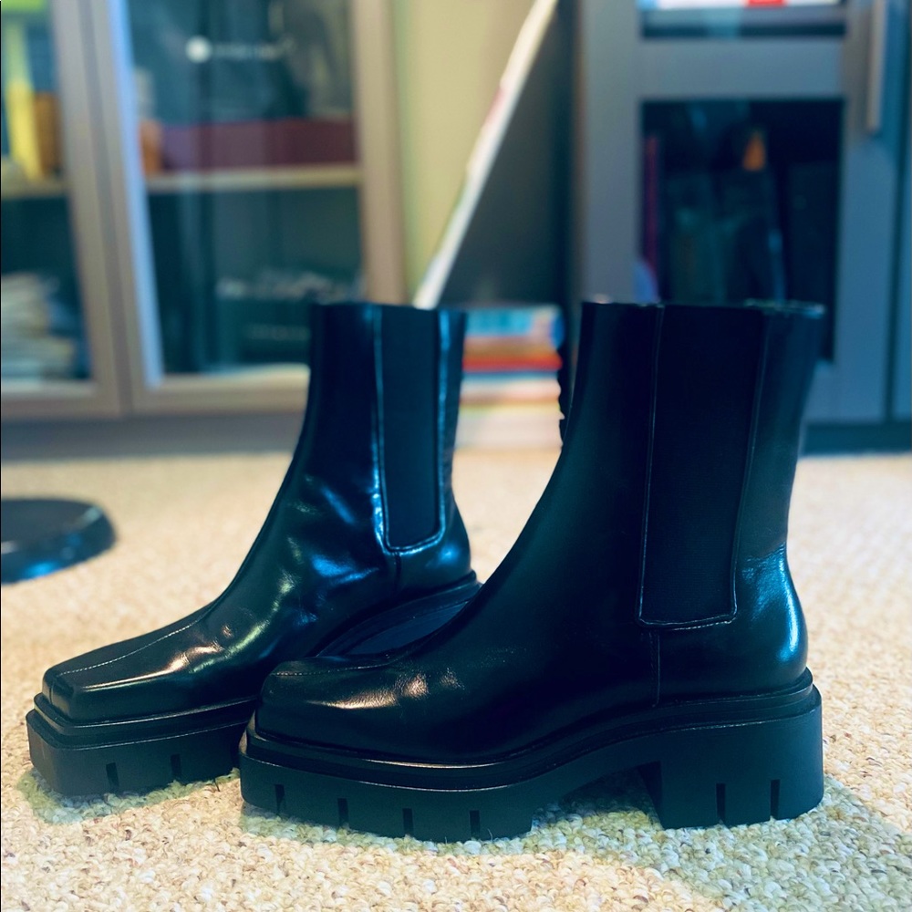 NEW chunky, lug sole leather black square boots